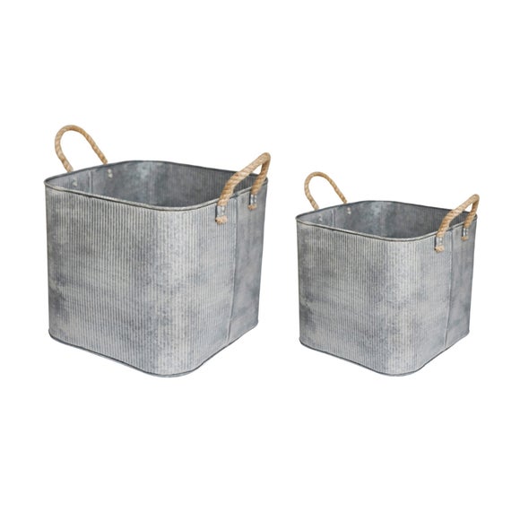 Set of 2 Outdoor Galvanised Rope Handle Square Planters