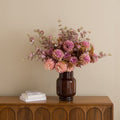 Artificial Dried Look Ball Dahlia & Foliage in Ceramic Vase