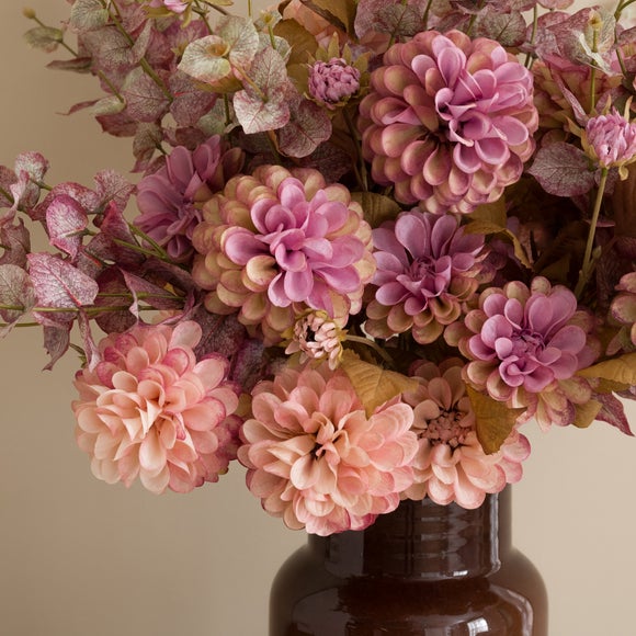 Artificial Dried Look Ball Dahlia & Foliage in Ceramic Vase