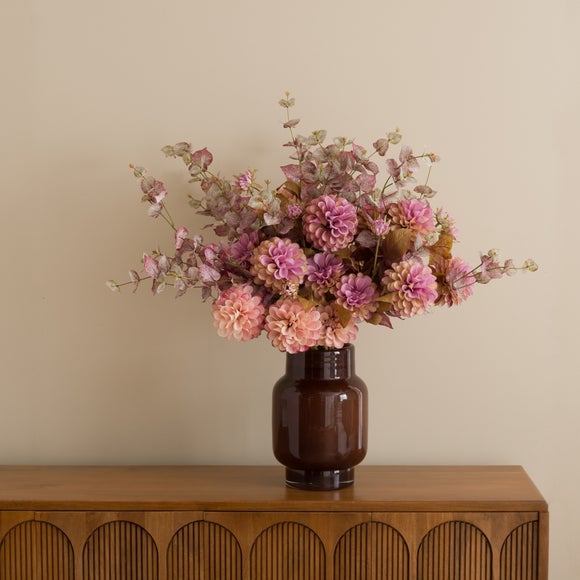 Artificial Dried Look Ball Dahlia & Foliage in Ceramic Vase